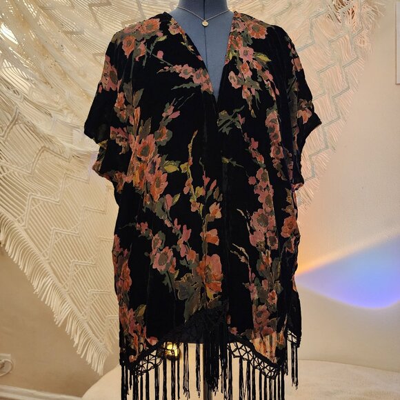 Xhilaration - Sheer floral velvet burnout shawl/coverup with fringe - M/L - Picture 1 of 6